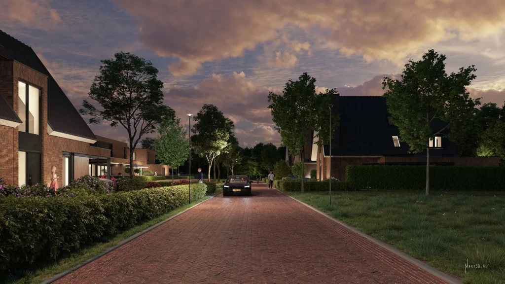 Avondimpressie van de vrijstaande villa’s