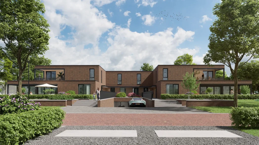 Straatbeeld met de garage-ingang onder de geschakelde villa’s