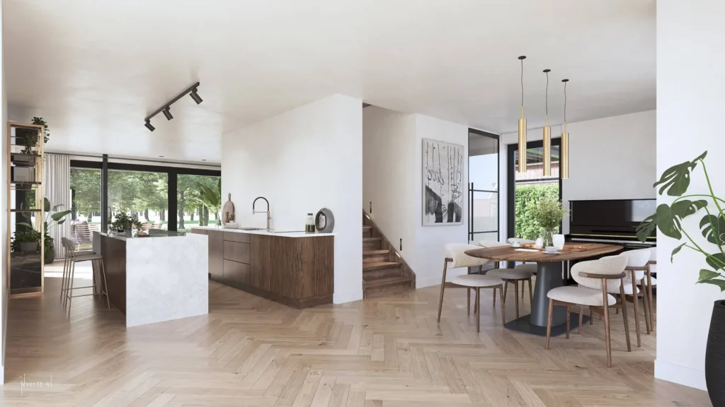 Interieurimpressie van Villa Magenta met woonkamer en open keuken