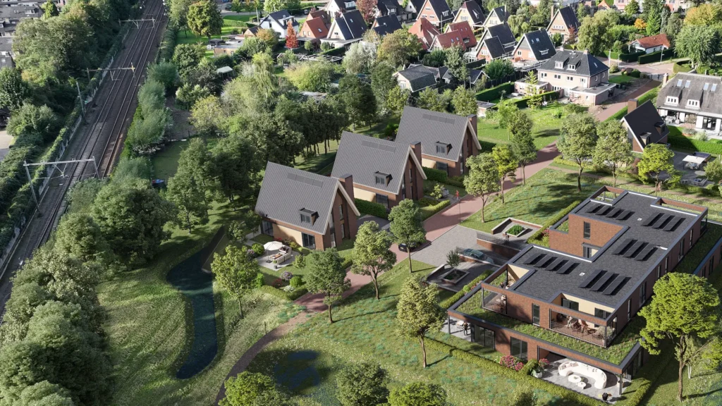 Vogelvlucht over het hof met het woongebouw en de vier vrijstaande villa’s