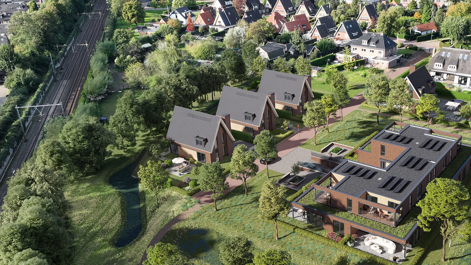 Vogelvlucht over het hof met het woongebouw en de vier vrijstaande villa’s