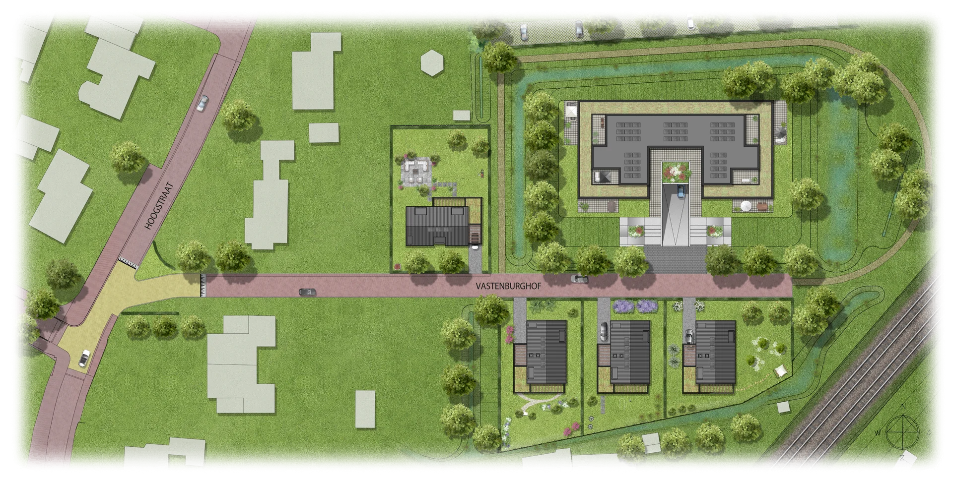 Situatietekening van Vastenburghof met de acht villa’s, de Hoogstraat en het spoor